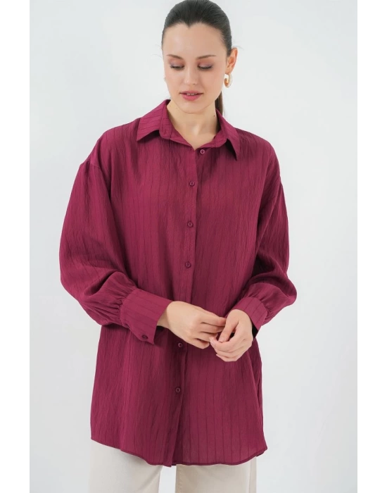 Çizgili Uzun Gömlek Tunik 5963 - Bordo