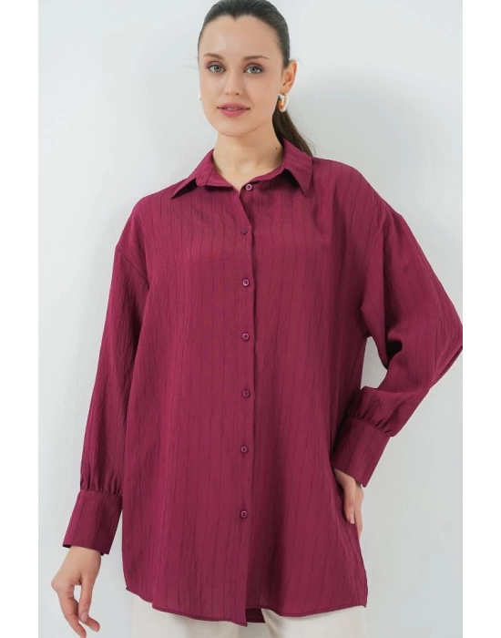 Çizgili Uzun Gömlek Tunik 5963 - Bordo