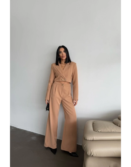 CROP CEKET - PANTOLON TAKIM GOLD DÜĞME DETAYLI - Kahverengi