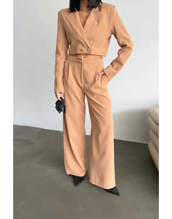 CROP CEKET - PANTOLON TAKIM GOLD DÜĞME DETAYLI - Kahverengi