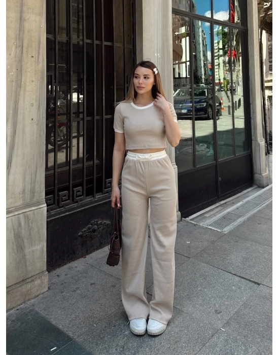 Crop pantolon biyeli takım bej