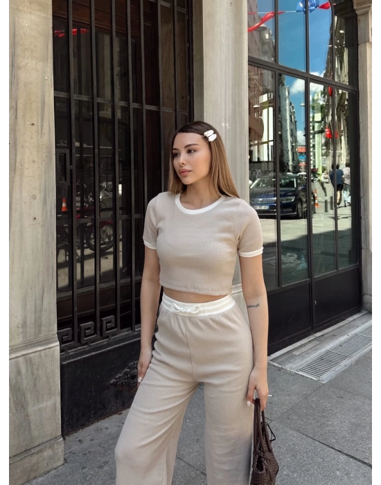 Crop pantolon biyeli takım bej
