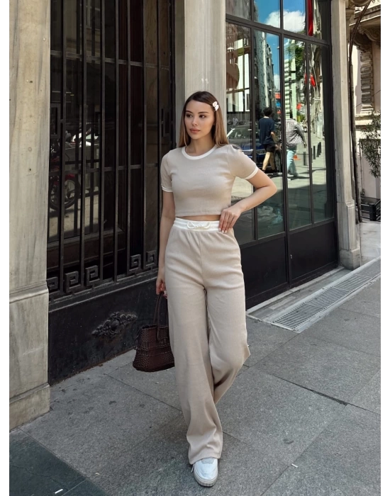 Crop pantolon biyeli takım bej