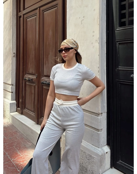 Crop pantolon biyeli takım gri