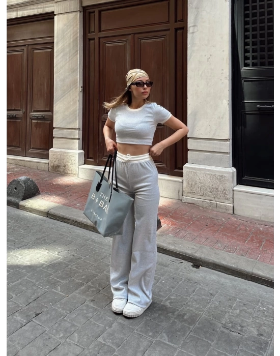 Crop pantolon biyeli takım gri