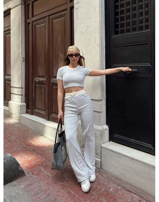 Crop pantolon biyeli takım gri