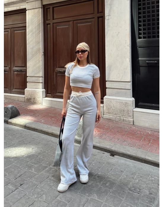 Crop pantolon biyeli takım gri
