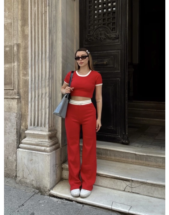 Crop pantolon biyeli takım kırmızı