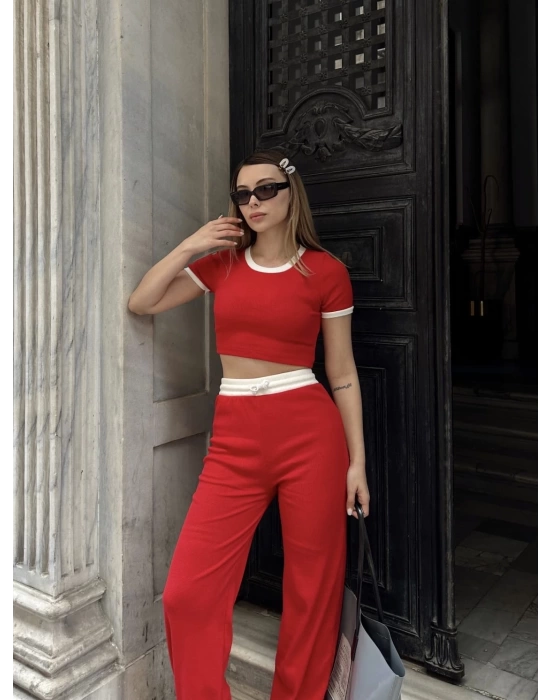 Crop pantolon biyeli takım kırmızı