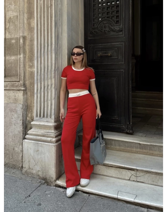 Crop pantolon biyeli takım kırmızı