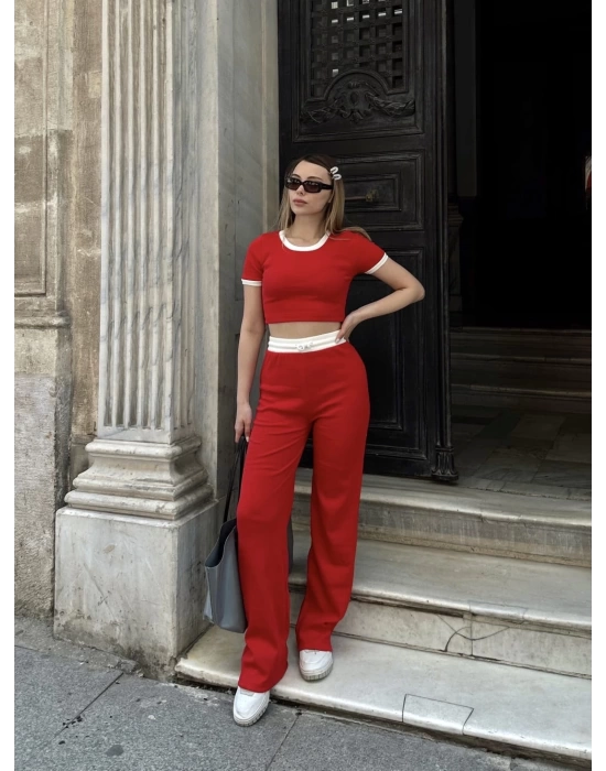 Crop pantolon biyeli takım kırmızı