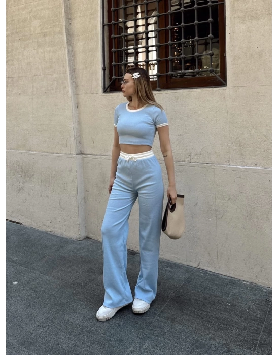 Crop pantolon biyeli takım mavi