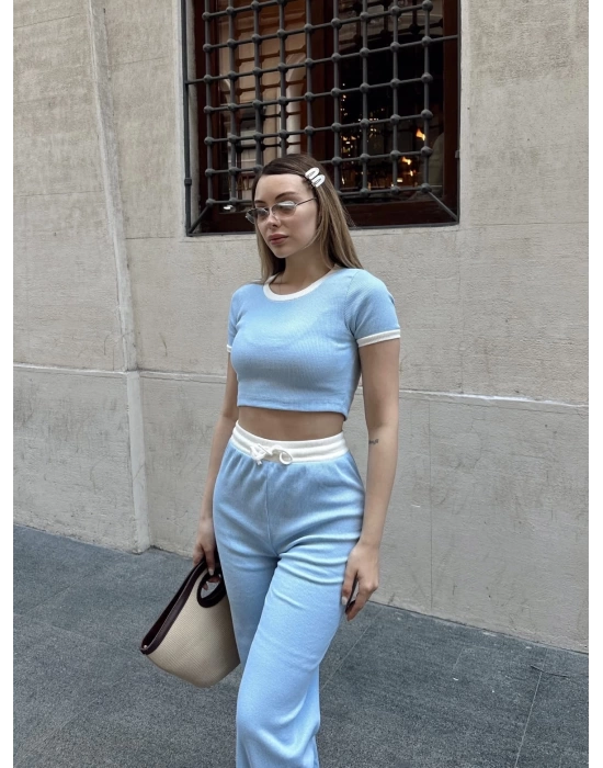 Crop pantolon biyeli takım mavi