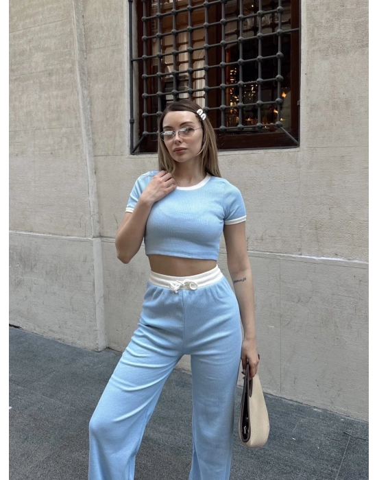 Crop pantolon biyeli takım mavi