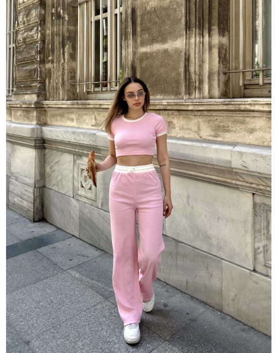 Crop pantolon biyeli takım pembe