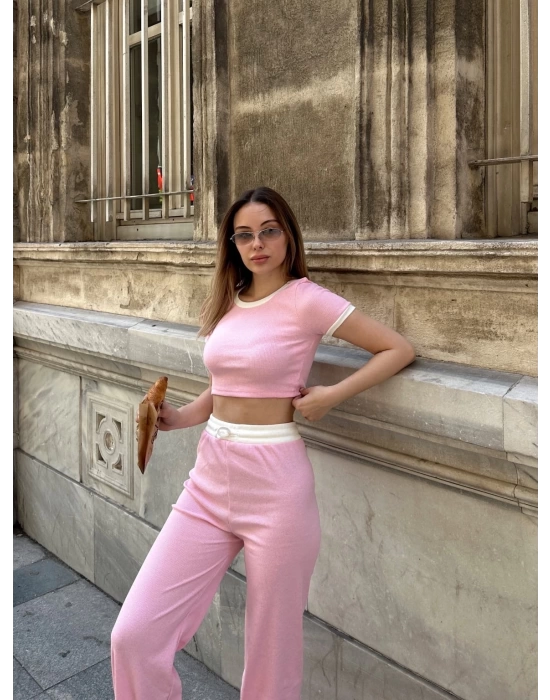 Crop pantolon biyeli takım pembe