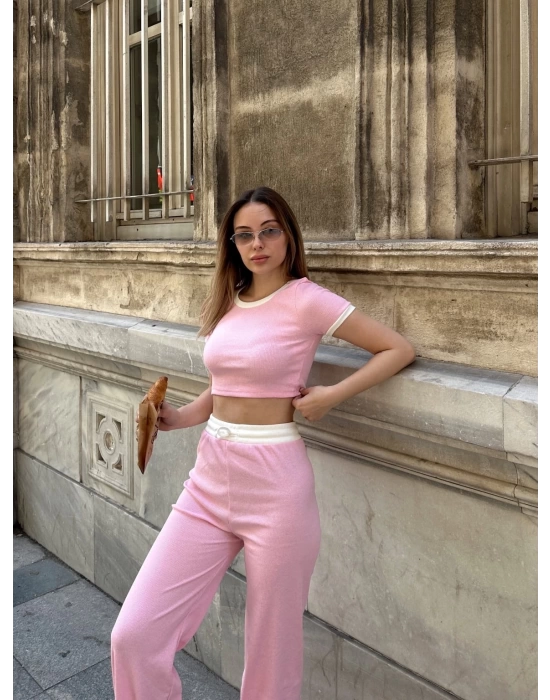 Crop pantolon biyeli takım pembe