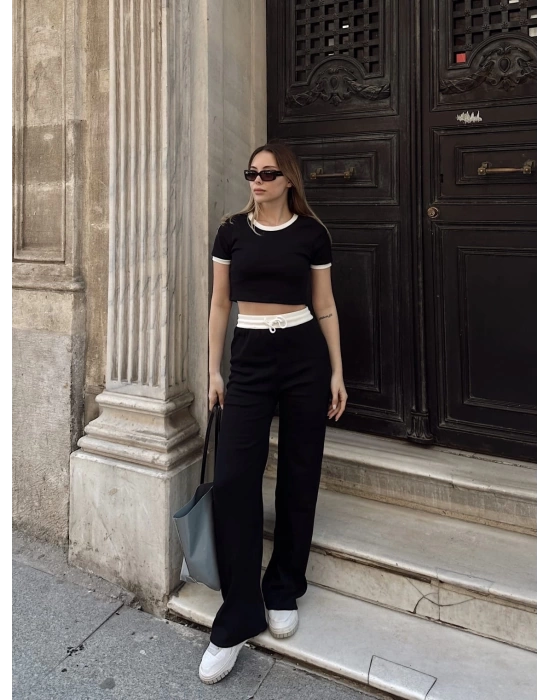 Crop pantolon biyeli takım siyah