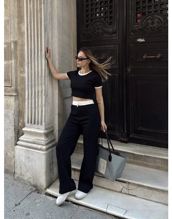 Crop pantolon biyeli takım siyah