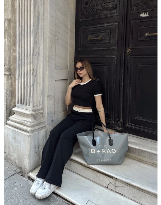 Crop pantolon biyeli takım siyah