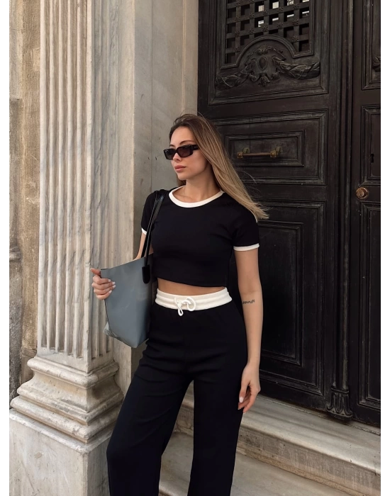 Crop pantolon biyeli takım siyah