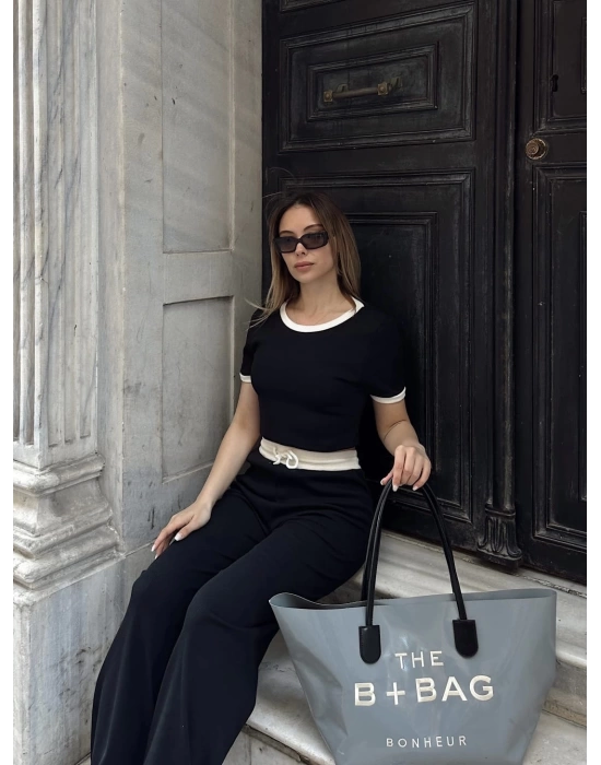 Crop pantolon biyeli takım siyah