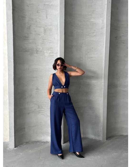 Crop pantolon keten takım s255012