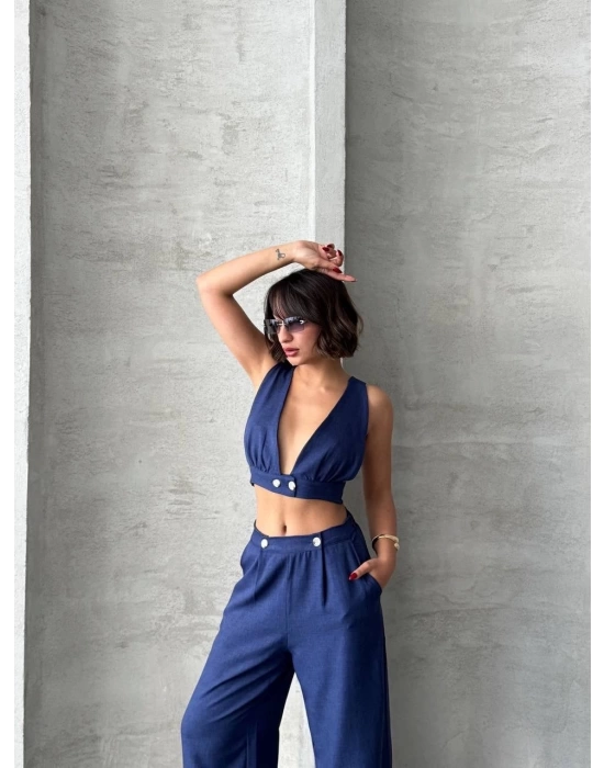 Crop pantolon keten takım s255012