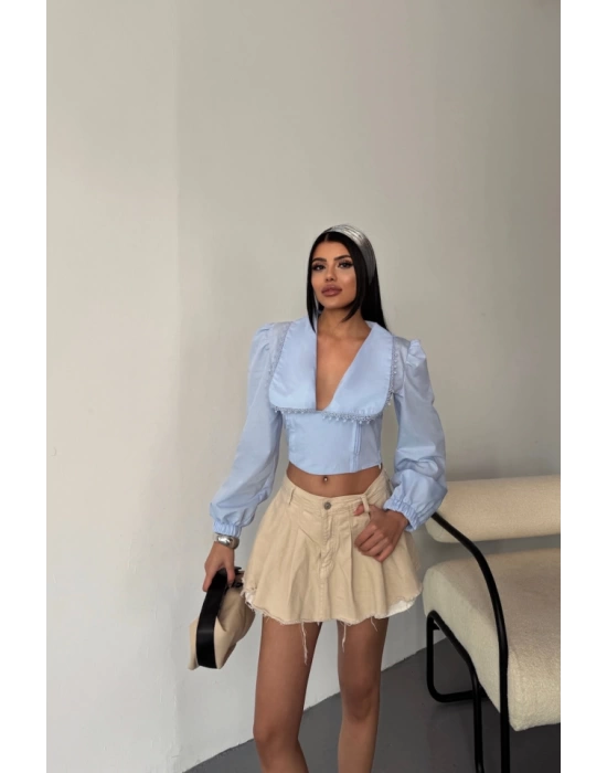 CROP POPLİN GÖMLEK YAKA KENAR DANTEL DETAYLI - Bebe Mavi