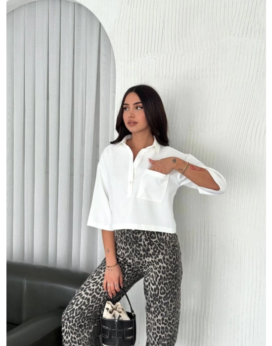 Crop Yakalı Gömlek Üç Çeyrek Sleeve Kol - Beyaz