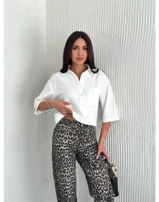 Crop Yakalı Gömlek Üç Çeyrek Sleeve Kol - Beyaz