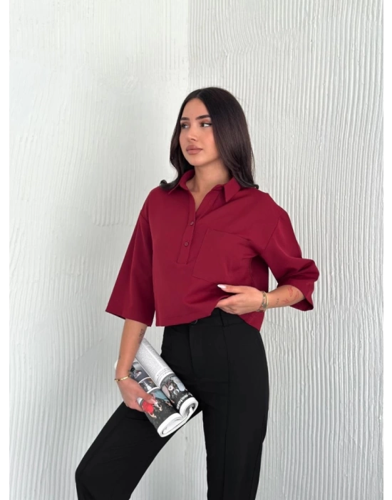 Crop Yakalı Gömlek Üç Çeyrek Sleeve Kol - Bordo