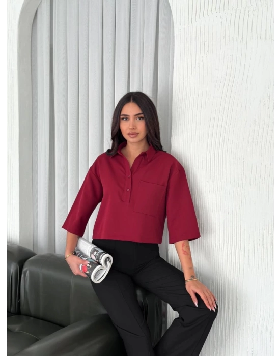 Crop Yakalı Gömlek Üç Çeyrek Sleeve Kol - Bordo