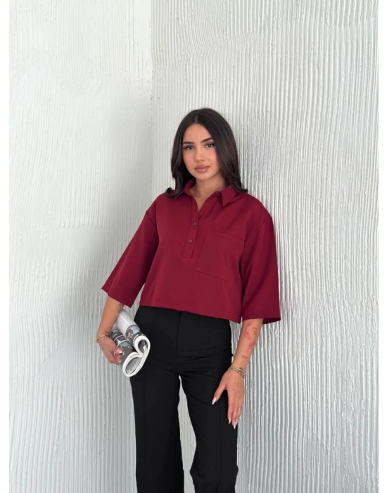 Crop Yakalı Gömlek Üç Çeyrek Sleeve Kol - Bordo