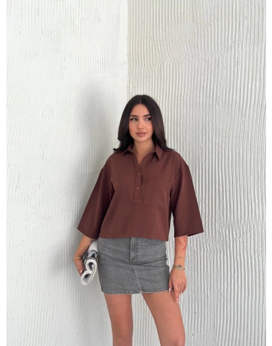 Crop Yakalı Gömlek Üç Çeyrek Sleeve Kol - Kahverengi