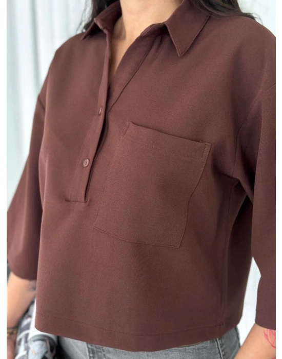 Crop Yakalı Gömlek Üç Çeyrek Sleeve Kol - Kahverengi