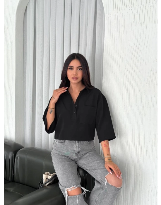 Crop Yakalı Gömlek Üç Çeyrek Sleeve Kol - Siyah