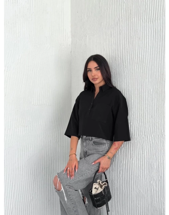 Crop Yakalı Gömlek Üç Çeyrek Sleeve Kol - Siyah