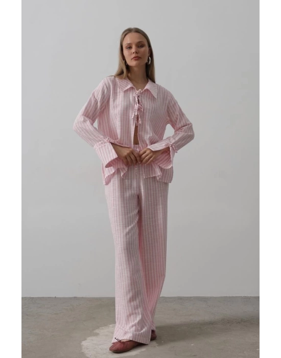 Çzgili Bağlamalı Pantolon Takım - Pembe