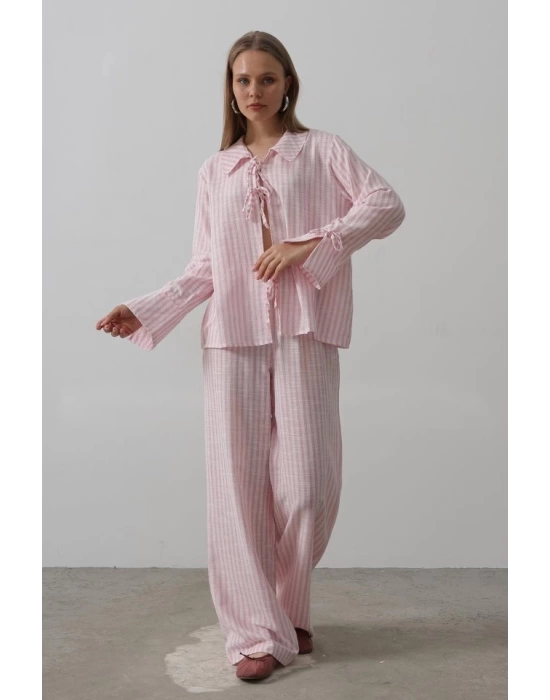 Çzgili Bağlamalı Pantolon Takım - Pembe
