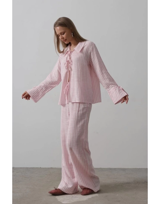 Çzgili Bağlamalı Pantolon Takım - Pembe