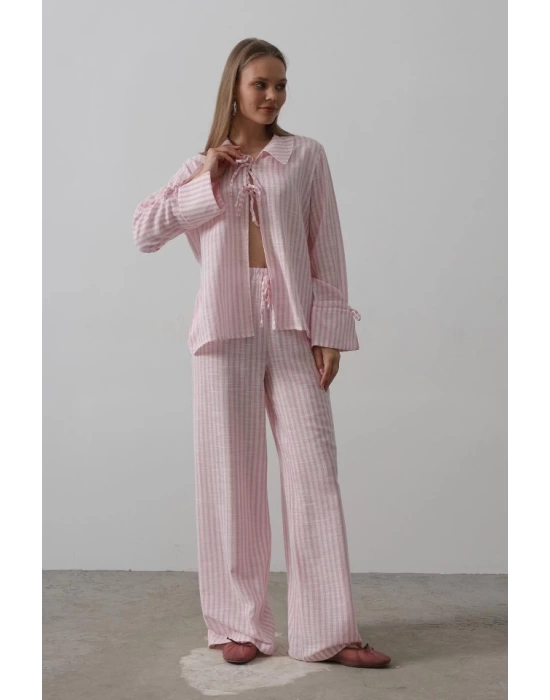 Çzgili Bağlamalı Pantolon Takım - Pembe