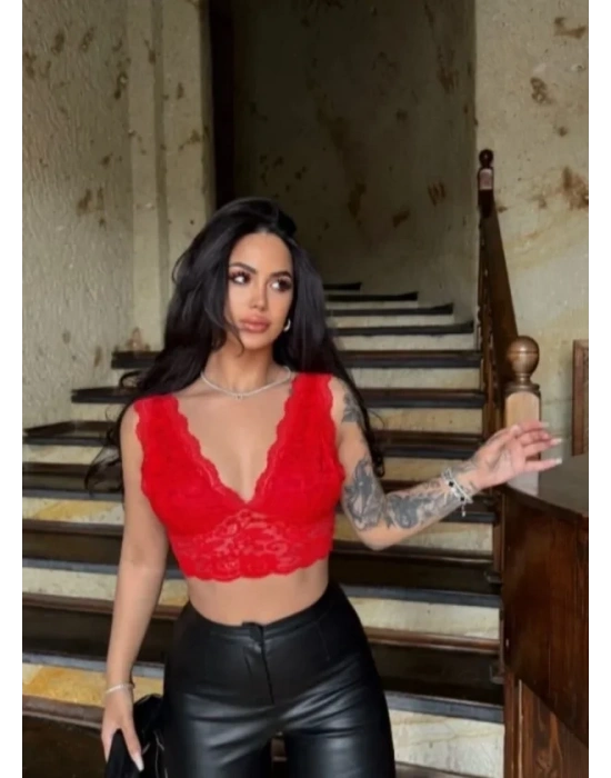 Dantel Bralet Crop Sütyen V Yaka Askılı Şık Esnek Rahat - Kırmızı