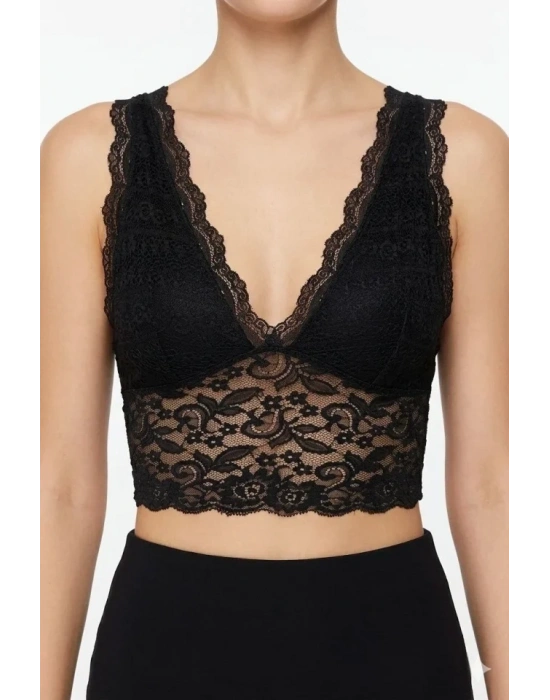 Dantel Bralet Crop Sütyen V Yaka Askılı Şık Esnek Rahat - Siyah
