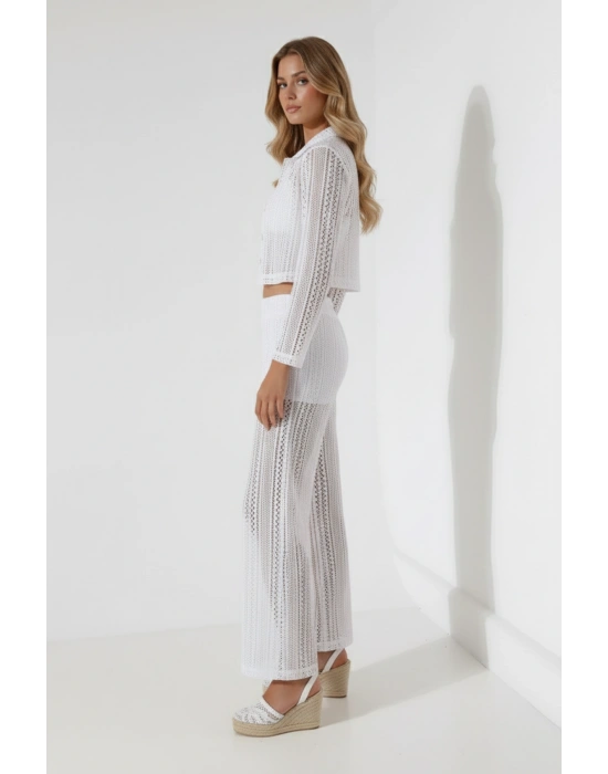 Dantel Desenli Jakarlı Crop Gömlek Yaka Ceket