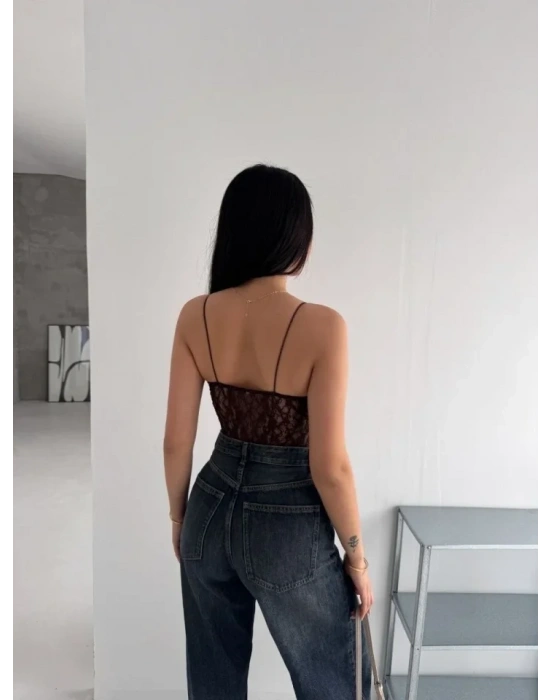 Dantel Detaylı Derin Dekolte Body Şık Kolsuz Yazlık Bodysuit - Kahvrenegi