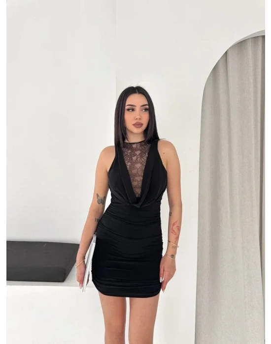 Dantel Detaylı Derin Dekolte Drapeli Mini Elbise Şık Kolsuz - Siyah