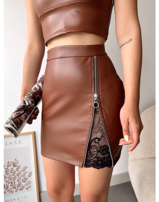 Dantelli fermuarlı deri etek kahve w24598