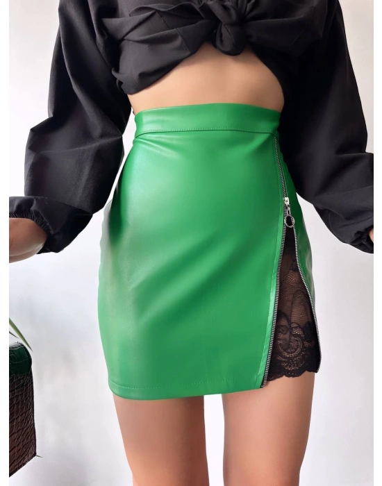 Dantelli fermuarlı deri etek yeşil w24598