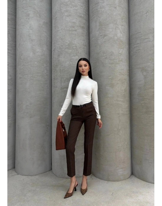 Dar paça kemerli kumaş pantolon kahve pt53